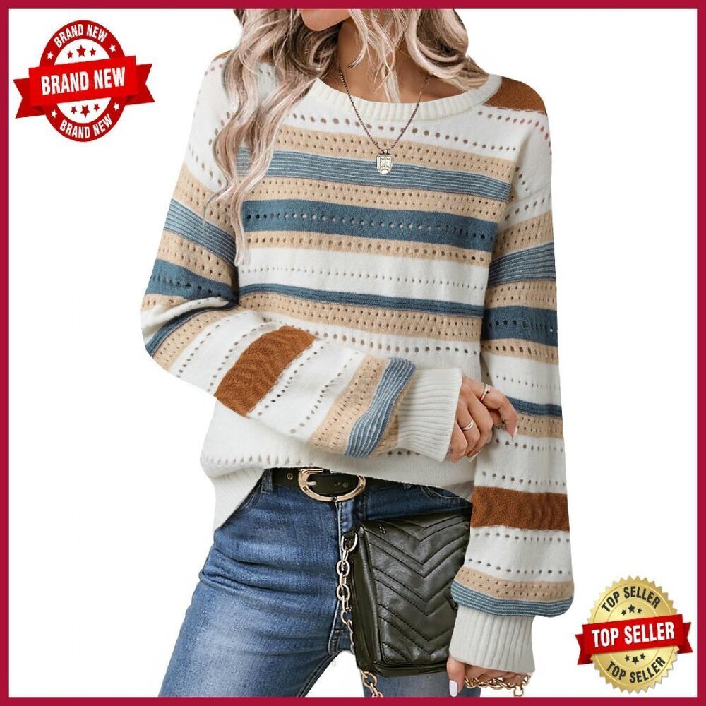 Cozy Lantern Sleeve Pullover Sweater, Fair Isle Knit, Color Block Design